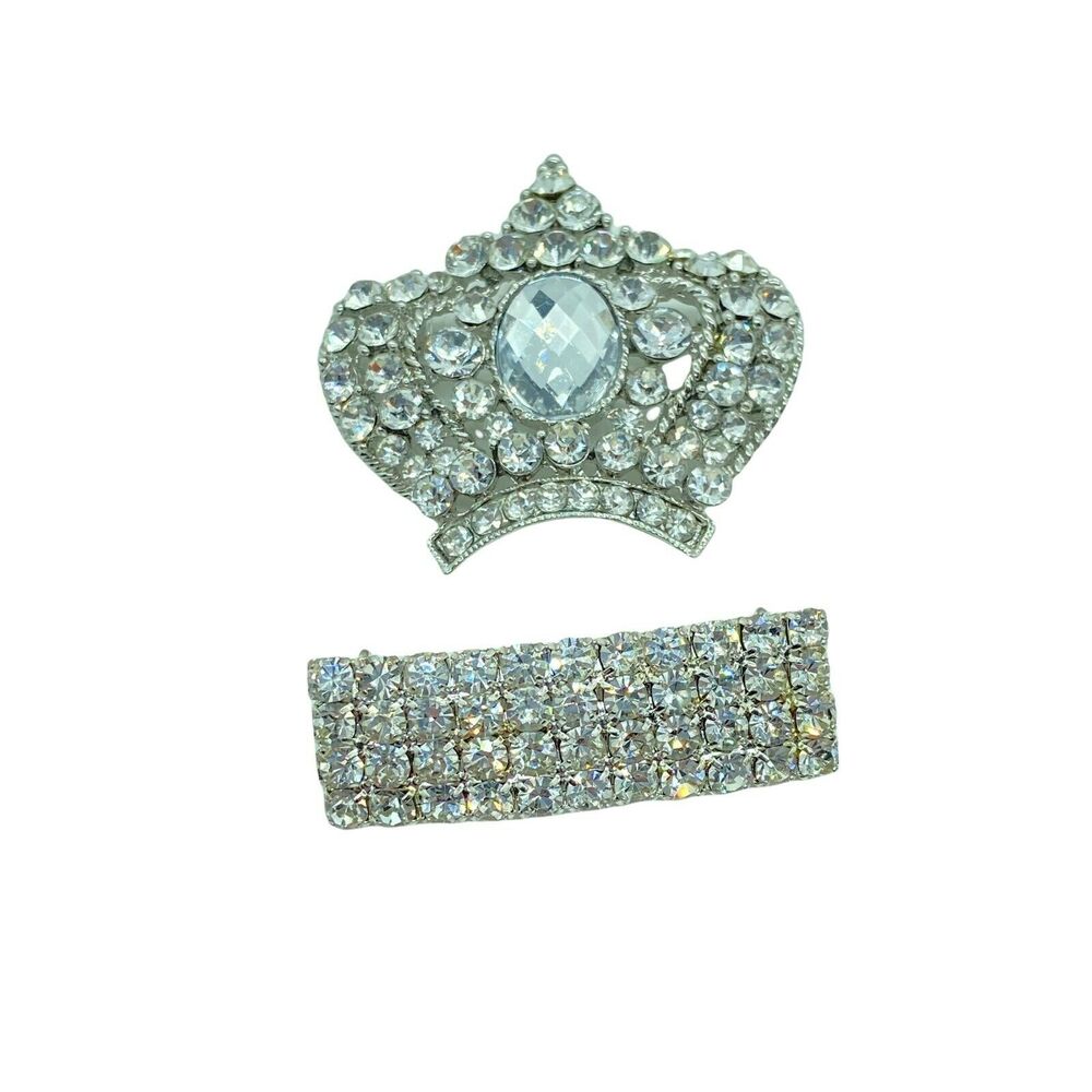 Rhinestone Queen Crown Bar Shape Brooch Pin Set Vintage Womens Silver Tone Bling